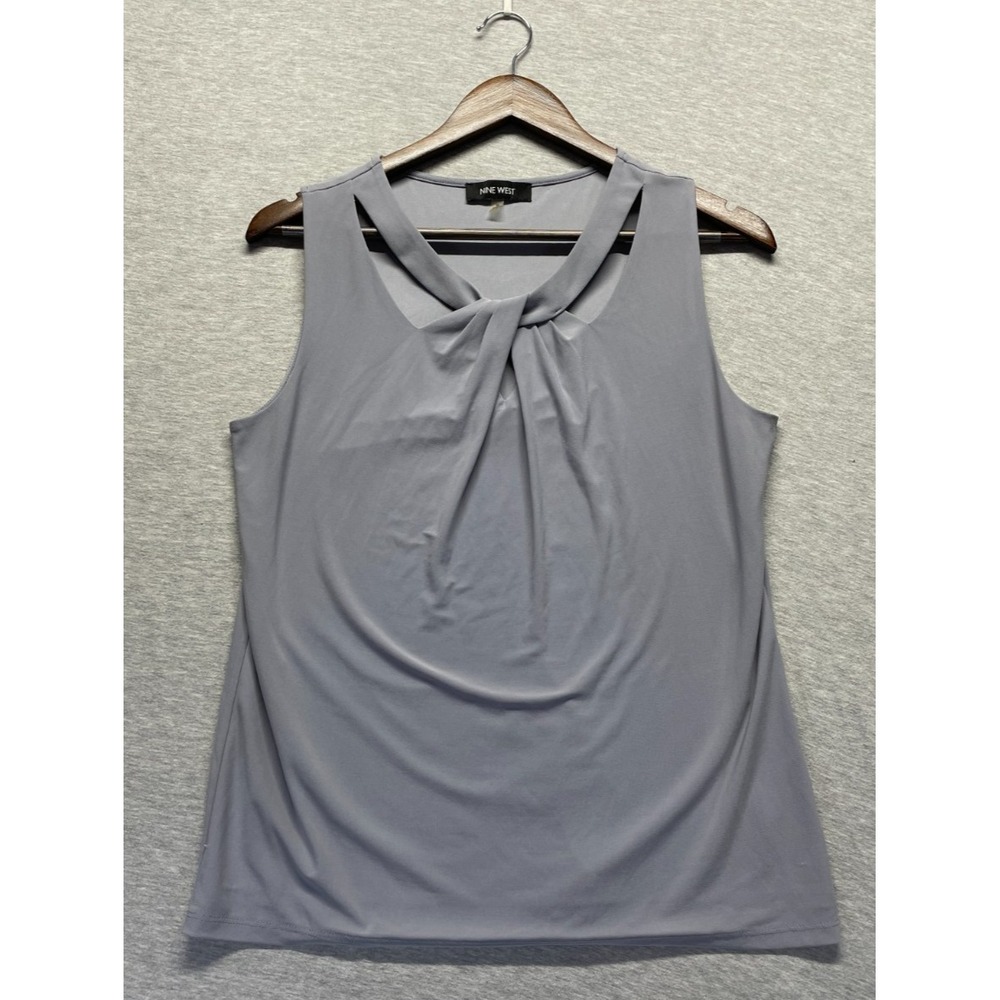 Nine West Blouse Top Womens Medium Gray Sleeveless Stretch Cutout Twist-Front